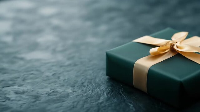 Elegant dark green gift box with golden ribbon on textured background creating copy space