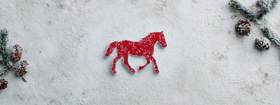 A vibrant red silhouette of a horse trots gracefully on a snowy white surface, surrounded by frosted pinecones and greenery, evoking a serene winter atmosphere and artistic elegance