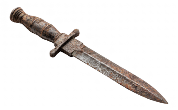 Antique rusty bayonet knife, isolated on transparent background, war relic, realistic texture, clean minimal composition