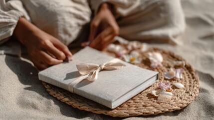 Beach Journal Gift in Gentle Hands — Calm, Minimal Still Life with Ribbon, Shells, and Woven Mat, evoking mindful travel memories and natural coastal lifestyle branding