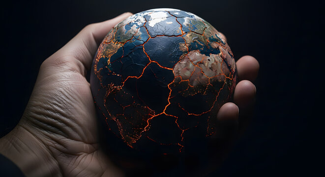 A hand holds a cracked planet Earth, glowing with internal heat, symbolizing environmental crisis and global warming