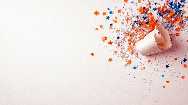 A scattering of red, white, and blue star-shaped confetti spills from a rolled-up piece of white paper onto a plain white surface. - Powered by Adobe