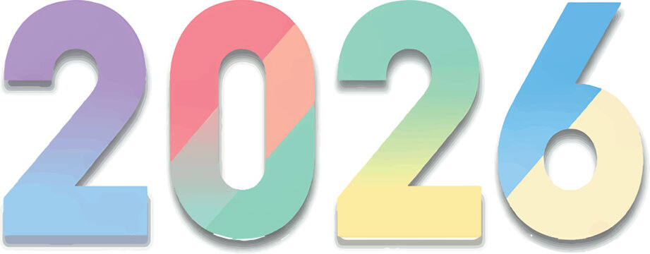 Vibrant and modern 2026 text in soft pastel colors, representing the upcoming year, future goals, and new beginnings for calendar designs and festive greetings