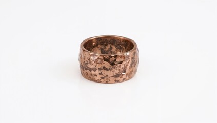 Copper hammered metal ring reflecting rustic character on plain white background