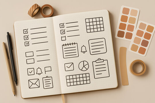 A neatly organized bullet journal lies open on a desk, filled with hand-drawn checklists, calendars, and planner icons, surrounded by neutral-tone pens, washi tape, and color swatches.