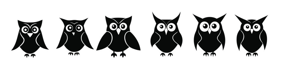 isolated owl silhouettes in various poses on white background
