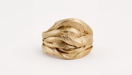 Gold leaf layered artistic ring shimmering delicately on plain white background