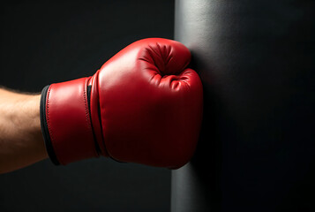 Red Boxing Glove Punching Heavy Bag in Training Session