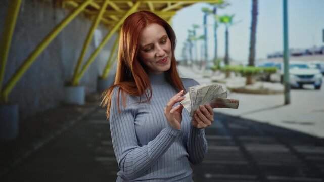 Woman holding swedish banknotes smiling outdoors in a city street setting, showcasing redhead adult's joyful expression with krone currency on display.