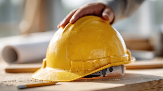 Construction Safety – worker hand on yellow hard hat, calm responsible mood, closeup shallow depth of field, industrial workspace scene for promoting workplace protection and reliability during