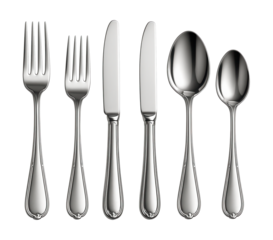 Stainless steel cutlery set with forks, knives, and spoons for elegant dining.