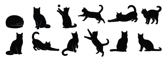isolated cat silhouettes in various poses on white background
