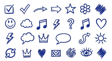 Hand-drawn doodle set of various icons for design and decoration, sketched in blue ink, isolated on white