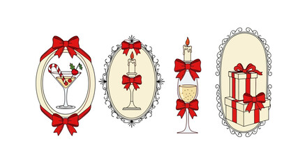 Festive Holiday Emblems Cocktail, Candle, and Gift Designs with Ribbon Accents for Seasonal Celebrations
