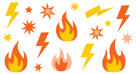 Set of Colorful Fire, Lightning, and Starburst Icons for Various Design Purposes