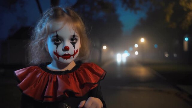 Young Girl Dressed as a Clown with Face Paint Holding a Trick-or- Treat Bucket at Night Halloween child