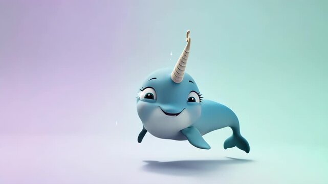 Cute cartoon narwhal with a spiral horn, smiling and jumping