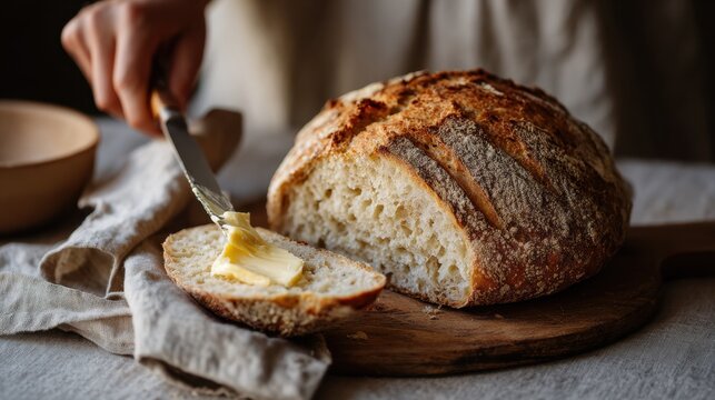 Artisan bread being buttered by hand, cozy rustic kitchen scene in natural light — close-up food photography for bakery marketing, recipe blogs, comfort breakfast visuals highlighting golden crust