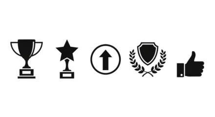 Success icons set: Trophy, star award, growth, and approval on a transparent background
