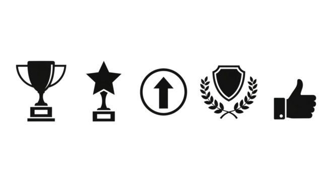 Success icons set: Trophy, star award, growth, and approval on a transparent background