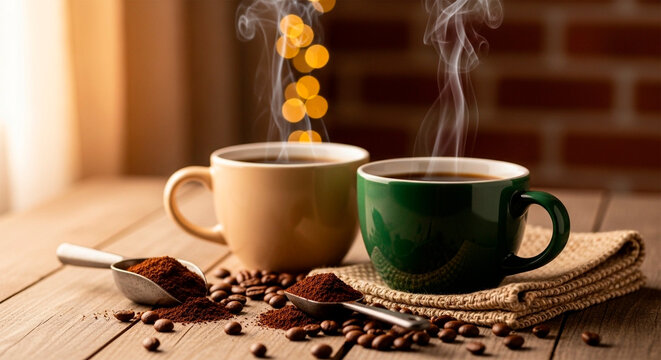 Two steaming coffee mugs with beans and ground powder