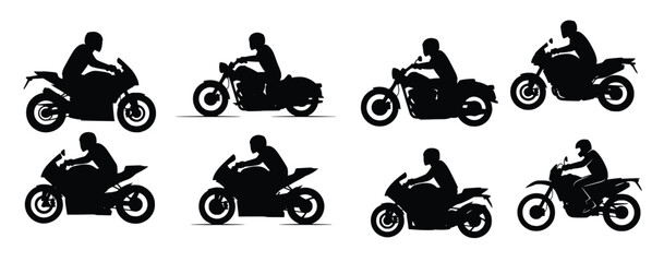 isolated silhouettes of motorcycles and riders on white