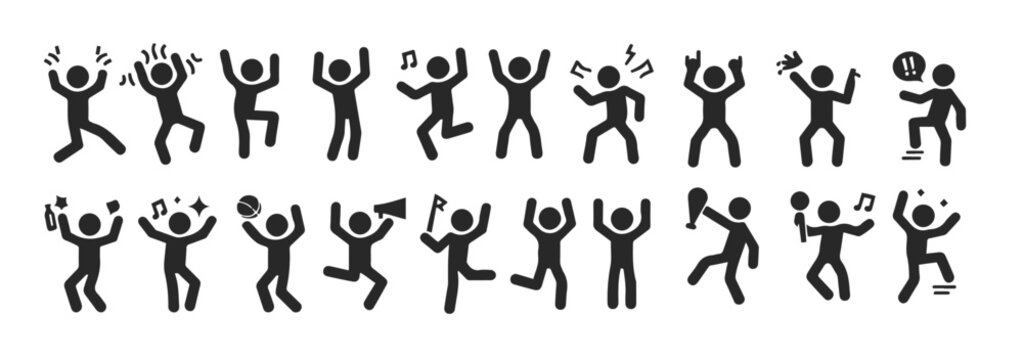  joyful stick figure man dancing hands up poses icon set .