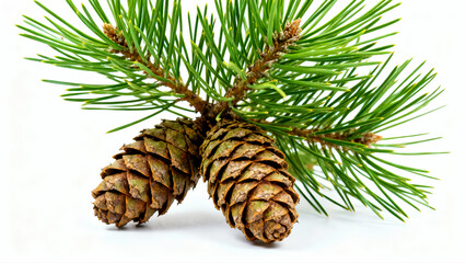 Fototapeta premium Set of green pine leaf branch with cone fruit isolated on white