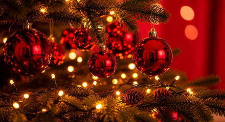 Red Christmas Balls and Glowing Lights on Decorated Xmas Tree