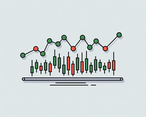 A flat design illustration showing a financial line graph and a candlestick chart representing market trends and data analysis.