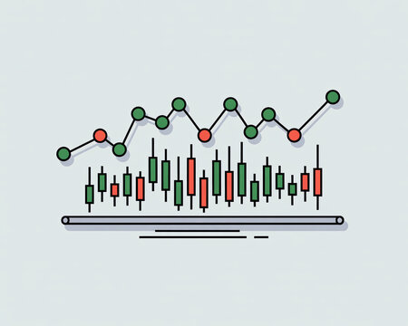 A flat design illustration showing a financial line graph and a candlestick chart representing market trends and data analysis.