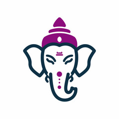 A modern, minimalist line art icon of the Hindu deity Ganesha's head, featuring a purple crown and a tilak on the forehead.