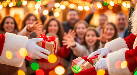 Santa Claus delivering presents to an excited crowd