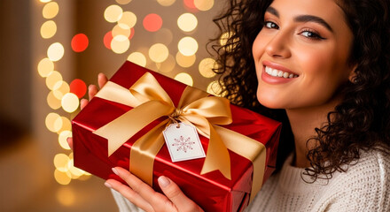 Smiling Woman Holding Christmas Present