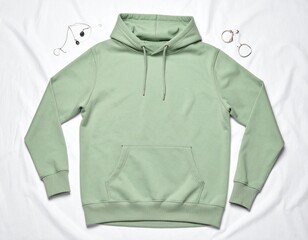 Pastel green hoodie laid flat on white linen cloth, minimal jewelry placed near top