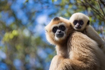 A gibbon mother and baby, close-up