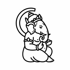 Black and white line drawing of the Hindu god Ganesha in a seated pose with a curved trunk and large ears.