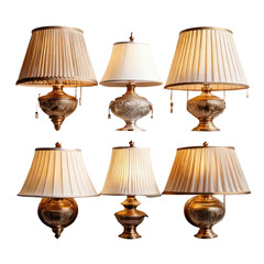 Six ornate, vintage lamps with pleated shades