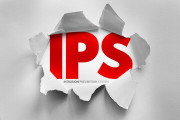 Bold IPS letters break through torn paper, representing Intrusion Prevention System - a critical cybersecurity technology used to detect and block malicious network activity in real-time defense