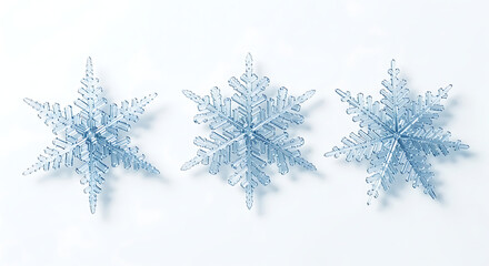 Elegant depiction of three intricate snowflakes against a pristine white background