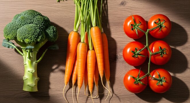 Vibrant healthy vegetables, broccoli, carrots, and tomatoes. - Powered by Adobe