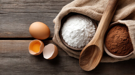 Ingredients for baking including eggs, flour, and cocoa powder are arranged on rustic wooden table with wooden spoon
