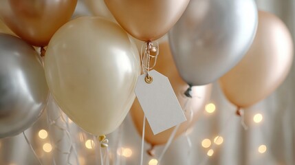 Party balloons radiating festive joy, metallic gold and silver helium cluster with blank tag and soft bokeh lights, closeup for invitation design, celebration ads, event