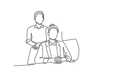 diverse team gathering around a glass table. Office Gathering concept. Single line draw design. Full length animation illustration. High quality 4k footage - Powered by Adobe
