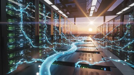 A server room brims with technology as glowing data streams pulse between racks, capturing the essence of connectivity. The vibrant light and sunset create a surreal digital enviro