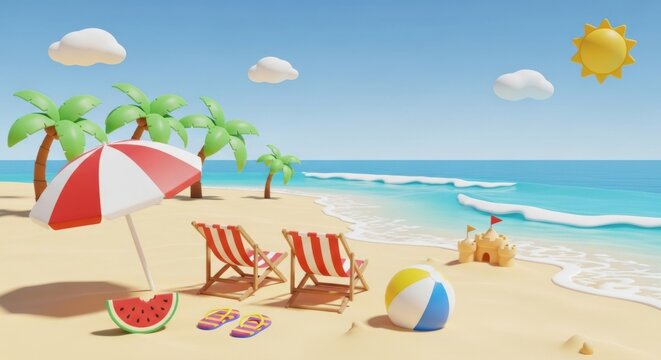 Vibrant summer beach vacation scene with playful 3D rendered elements and bright colors - Powered by Adobe