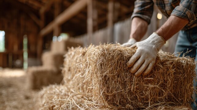 Farm Work Hands Lifting Hay Bale in Rustic Barn - Determined Laborer with Gloves, Warm Natural Light, Documentary Style for Agriculture, Harvest, Rural Productivity and Manual Labor