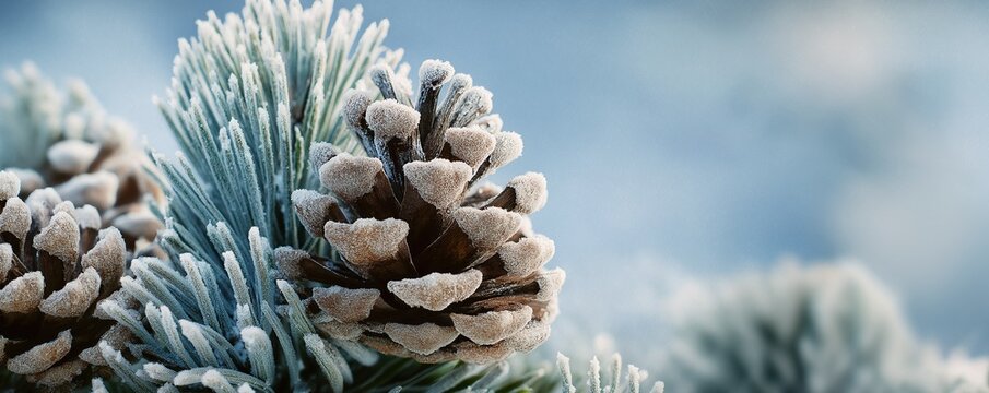 Frost covered pine cones and icy evergreen branches create an enchanting winter wonderland backdrop for Christmas themed designs