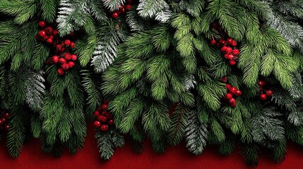 A red background with green pine branches and berries arranged in an intricate pattern creating the perfect backdrop for festive Christmas decorations