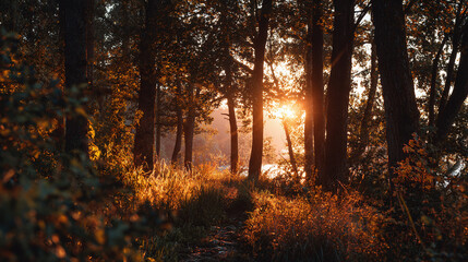 Fototapeta premium Sunlight filters through a forest, creating a scene of serenity. The warm glow of the sun casts a beautiful light on the trees and the forest floor